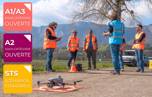 Cinq personnes vêtues de gilets orange se tiennent à l'extérieur près d'un drone posé au sol, avec des montagnes en arrière-plan. Sur le côté gauche de l'image, trois étiquettes de catégorie colorées — A1/A3, A2 et STS — mettent en évidence les informations essentielles pour tout télépilote participant à la formation « Formation télépilote de drone professionnel Parcours Open & Spécifique », conçue pour l'exploitation de drones dans ces environnements.