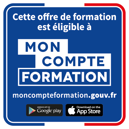 Panneau bleu avec texte en français : Cette offre de formation Télépilote de drone professionnel est éligible à Mon Compte Formation. Lien vers le site web et logos Google Play et App Store en bas. Bordure aux couleurs du drapeau français.