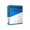 Une boîte logicielle étiquetée REDtoolbox, conçue pour la photogrammétrie de géolocalisation, compatible avec Pix4Dmapper, présentant un design bleu et blanc avec des graphiques 4D et le logo REDcatch sur son côté.