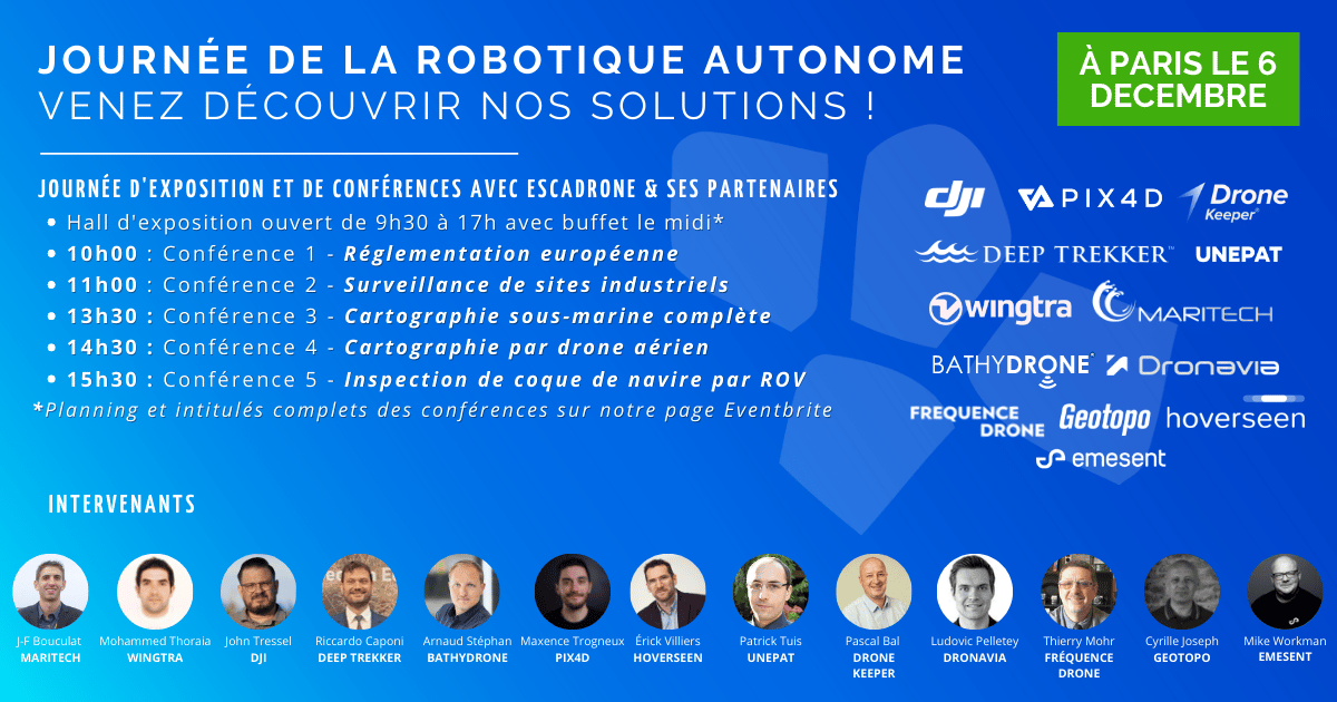 Bannière pour la Journée de la Robotique Autonome et la journée drone à Paris le 6 décembre, comprenant les horaires, les photos et noms des intervenants, les logos des partenaires, et un fond bleu avec des textes blancs et verts.