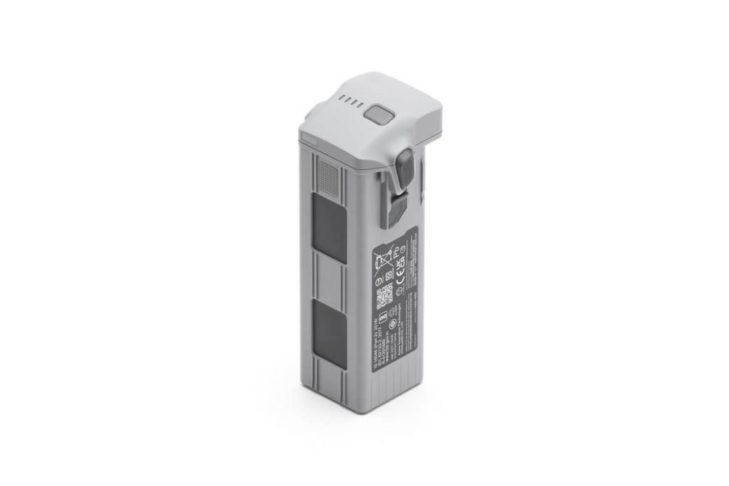 Batterie rectangulaire grise pour drones de la gamme DJI Matrice 4 avec des panneaux noirs et une étiquette technique, debout sur un fond blanc.