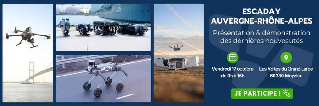Bannière de l'événement ESCADAY Auvergne-Rhône-Alpes montrant des drones et des chiens robots en action, avec les détails de l'événement : 17 octobre, 9h-16h, Les Voiles du Grand Large, Meyzieu. Inclut un bouton "Je participe !.