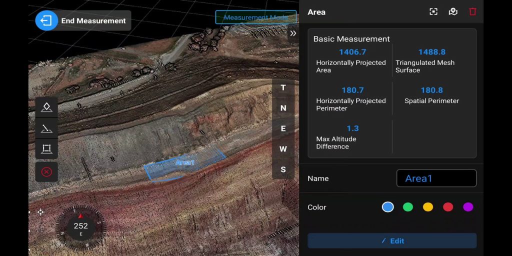 L'outil de mesure de terrain 3D DJI L3 LiDAR met en évidence une zone rectangulaire bleue sur un sol rocheux, le panneau de droite montrant les données de surface (1406,7 m²), de périmètre (180,7 m) et de différence d'altitude maximale (1,3 m).