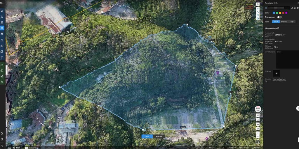 Carte aérienne d'une zone forestière avec un polygone délimitant une section, améliorée par les données LiDAR DJI L3. Les outils d'annotation et les données de mesure sont visibles à droite de l'écran.