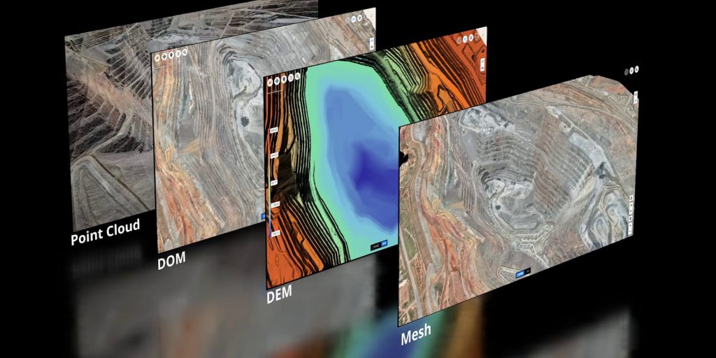 Quatre couches cartographiques superposées en rendu 3D (nuage de points, DOM, MNE et maillage) permettent de visualiser une mine à ciel ouvert. La couche DEM, générée à partir de données LiDAR DJI L3, met en évidence la topographie à l'aide de gradients de couleurs vives.