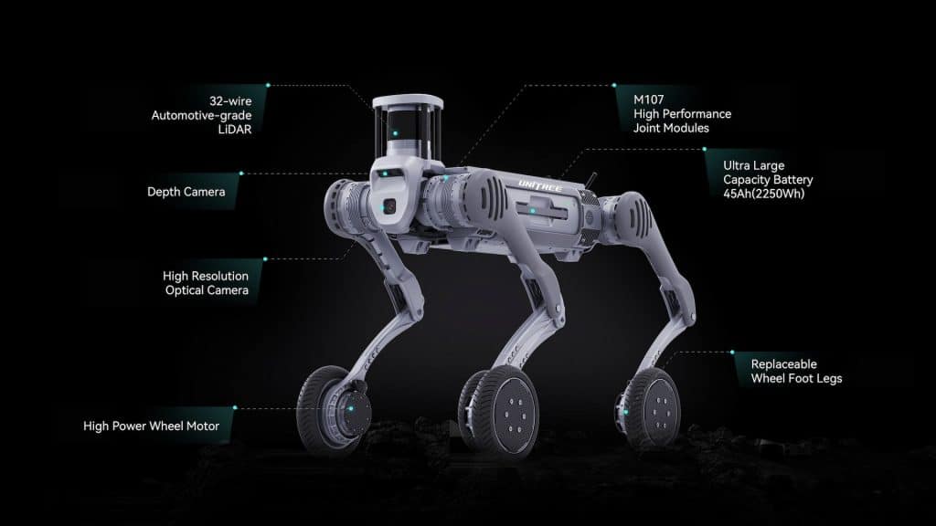 Le quadrupède robotique Unitree B2-W est équipé de roues sur chaque jambe, d'un LIDAR à 32 fils, d'une caméra de profondeur, d'une caméra optique haute résolution, de moteurs de roue haute puissance, de modules d'articulation M107, d'une grande batterie et de pieds-roues remplaçables.