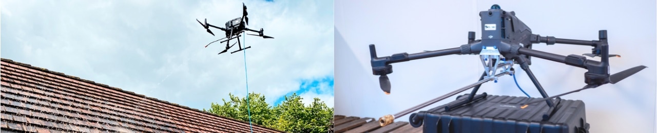 La formation pulvérisation et nettoyage par drone aérien montre un quadcoptère noir équipé d'un long capteur piloté par un télépilote, planant au-dessus d'un toit dans une image et reposant sur sa valise noire à l'intérieur dans une autre.