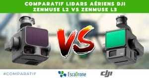 Deux capteurs LIDAR aériens de DJI, Zenmuse L2 et Zenmuse L3, sont présentés côte à côte sur un graphique promotionnel avec un VS au centre, mettant en évidence leur comparaison. Les logos d'EscaDrone et de DJI apparaissent en dessous.