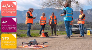 Six personnes vêtues de gilets orange se tiennent à l'extérieur près d'un drone. Une personne portant un gilet bleu donne des instructions au groupe. À gauche, des graphiques colorés indiquent les catégories de drones A1/A3, A2 et STS en français. On aperçoit des montagnes en arrière-plan.