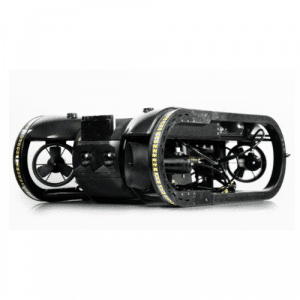 Le Deep Trekker Spectra, un véhicule sous-marin télécommandé (ROV) noir doté d'hélices visibles et de caméras pour l'exploration et l'inspection, est représenté sur un fond blanc uni.