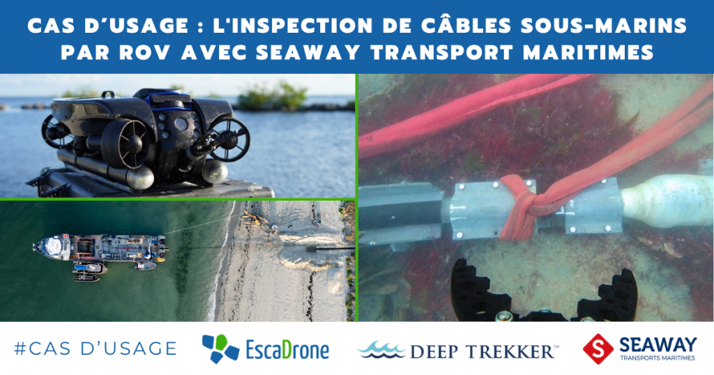 Image promotionnelle montrant la technologie ROV sous-marine pour l'inspection des câbles sous-marins, avec un ROV sur terre, une vue aérienne d'un bateau et un gros plan d'un câble sous l'eau. Un texte en français décrit le cas d'utilisation. Des logos apparaissent en bas de l'image.