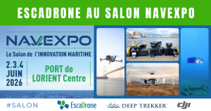 Bannière promotionnelle pour NavExpo 2026, montrant les détails de l'événement et les logos, avec des images de drones maritimes, de véhicules sous-marins et d'un drone volant au-dessus de l'eau. L'événement aura lieu au Port de Lorient Centre, du 2 au 4 juin 2026.