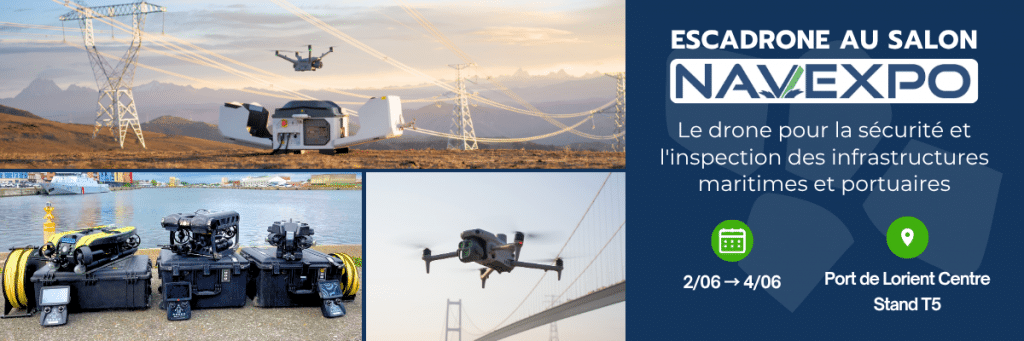 Bannière pour NAVEXPO présentant des drones volant près de montagnes, de lignes électriques et d'un pont. Des caisses d'équipement avec des drones sont montrées au bord de l'eau. Le texte fait la promotion de l'utilisation des drones pour l'inspection des infrastructures maritimes et donne des détails sur l'événement.
