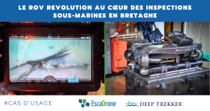 Images côte à côte : celle de gauche montre une vue d'inspection sous-marine sur un écran ; celle de droite montre un drone sous-marin (ROV) noir posé sur un étui, entouré de matériel. Le texte ci-dessus vante les mérites des inspections sous-marines en Bretagne, en France.