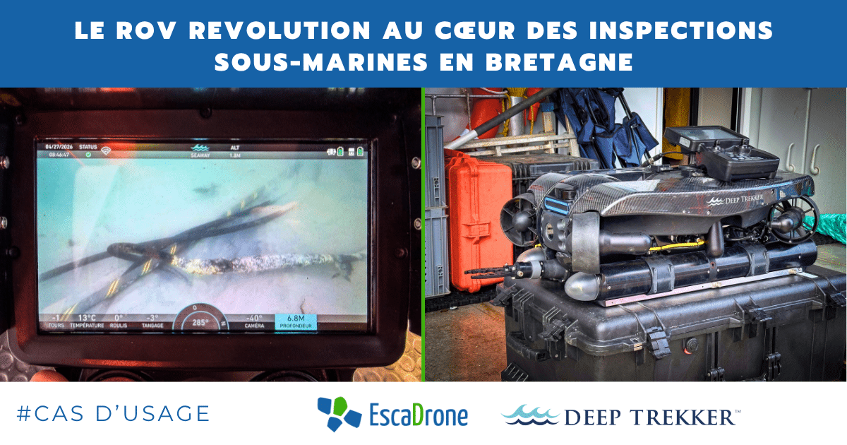 Images côte à côte : celle de gauche montre une vue d'inspection sous-marine sur un écran ; celle de droite montre un drone sous-marin (ROV) noir posé sur un étui, entouré de matériel. Le texte ci-dessus vante les mérites des inspections sous-marines en Bretagne, en France.