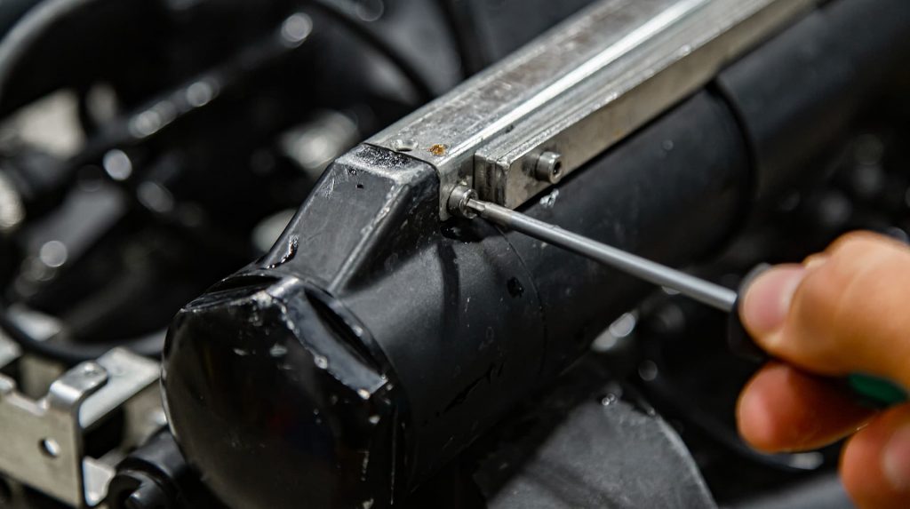 Une main utilise un tournevis pour serrer une vis sur un composant métallique noir, qui fait peut-être partie d'une machine ou d'un appareil électronique, avec des pièces mécaniques floues en arrière-plan.