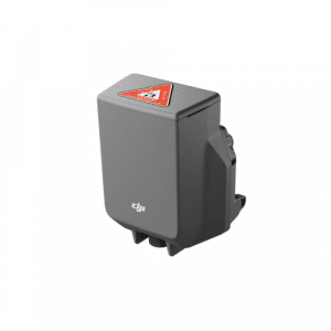 Le Parachute DJI AP100 pour Matrice 400 (C5/C6) est un appareil rectangulaire de couleur grise, arborant le logo DJI sur la face avant et un autocollant d'avertissement rouge sur le dessus, le tout sur un fond blanc uni.