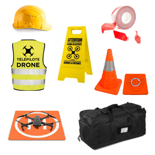 Divers équipements de sécurité destinés à l'utilisation de drones, notamment un casque de chantier jaune, un gilet de sécurité, un panneau d'avertissement, du ruban adhésif rouge, un cône et un tapis de sécurité orange, un tapis d'atterrissage, un drone et un sac de voyage noir, disposés avec soin sur un fond blanc.