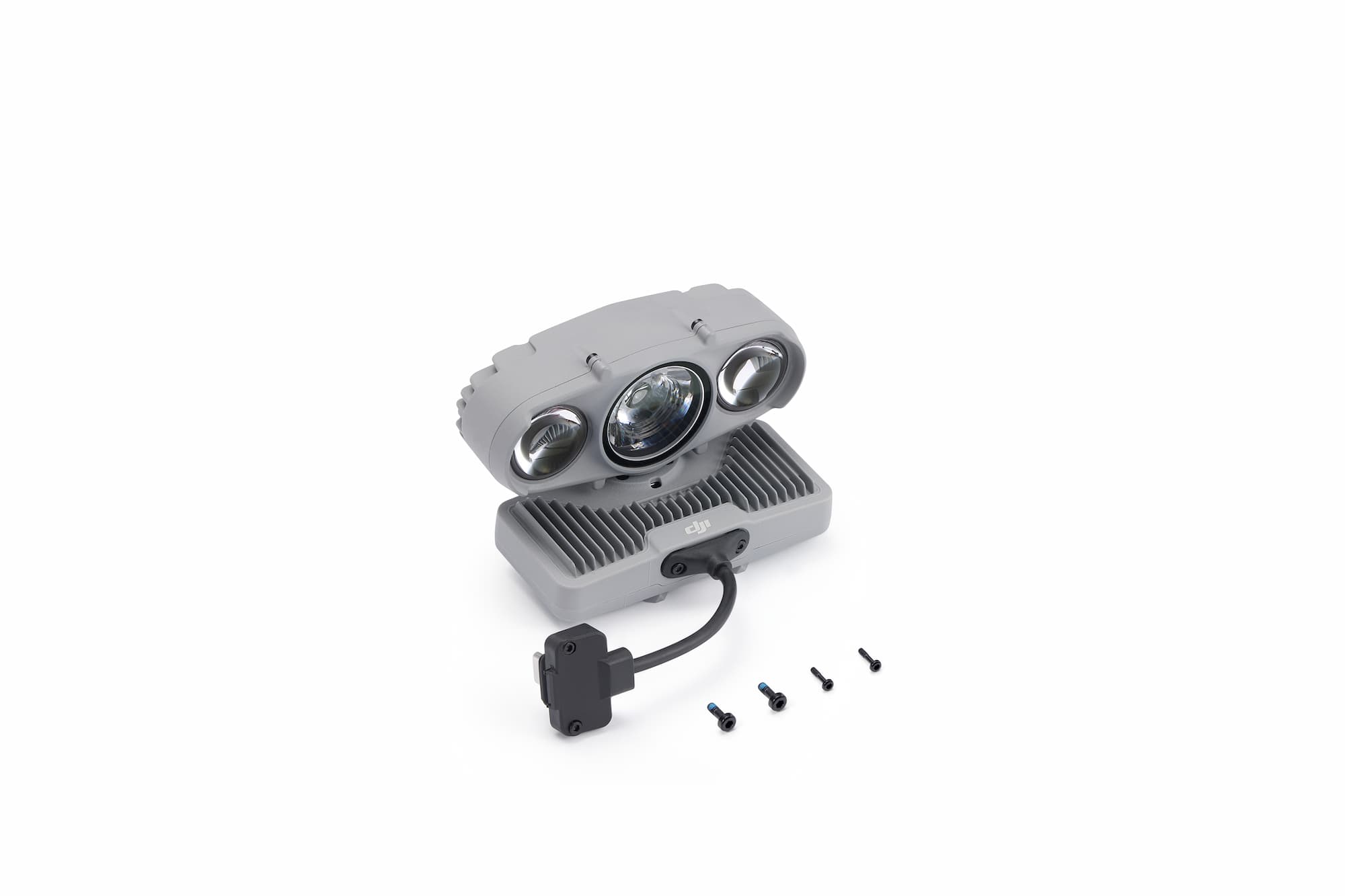 Projecteur DJI AL2D pour Matrice 5D et 5TD : un ensemble de projecteur industriel gris équipé de trois lentilles, fixé à un câble muni d'un connecteur multipolaire et de quatre petites vis de fixation.