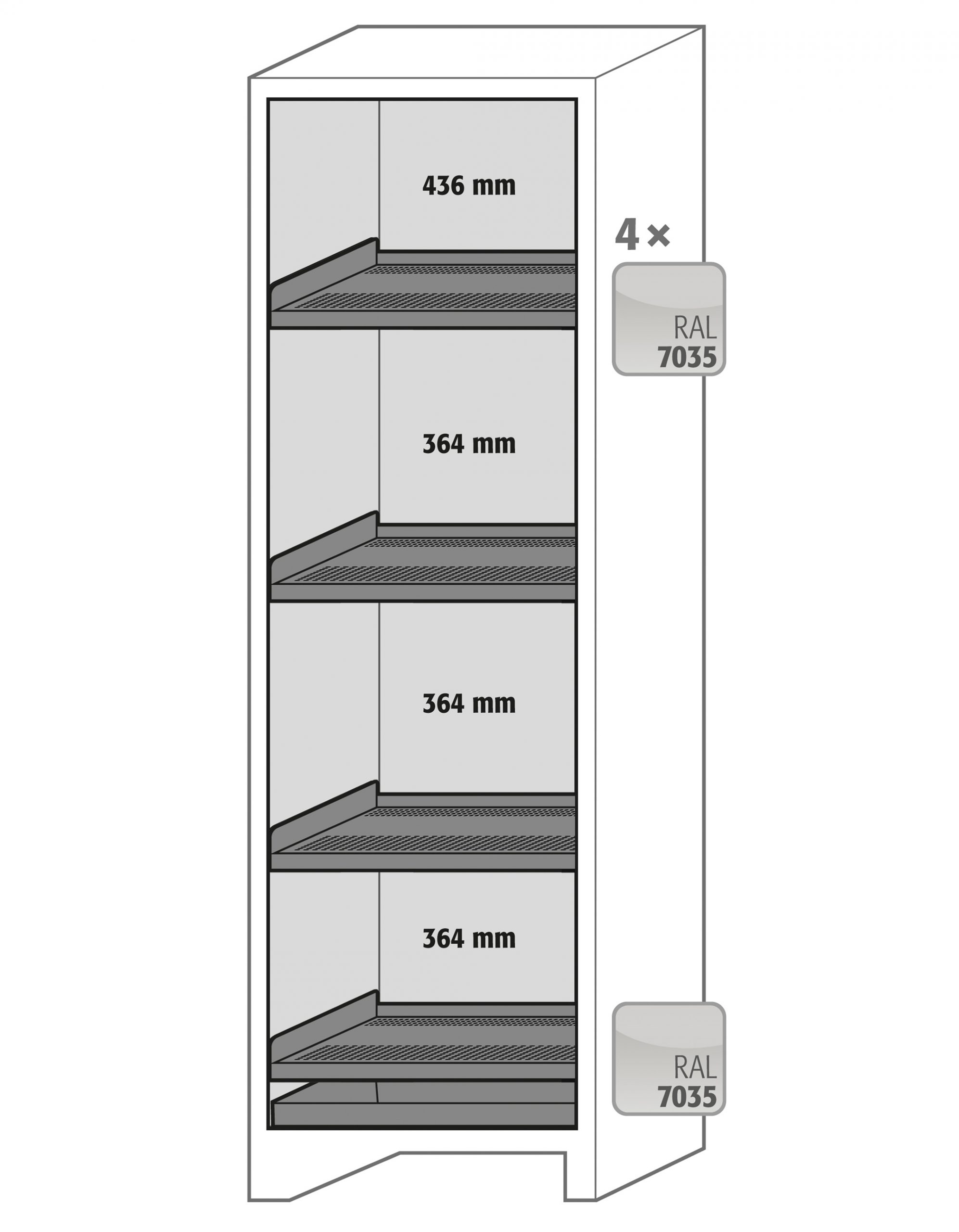 Armoire de sécurité haute Asecos ION-CORE-90, couleur RAL 7035, équipée de quatre étagères avec des hauteurs intérieures de 436 mm et 364 mm.