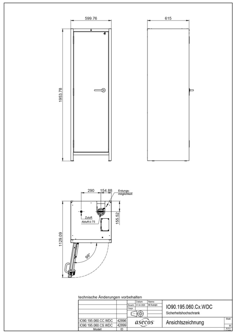 Dessin technique de l'armoire de sécurité pour batteries lithium-ion Asecos ION-CORE-90, présentant des vues de face, de profil et de dessus, avec les dimensions et l'amplitude d'ouverture de la porte.