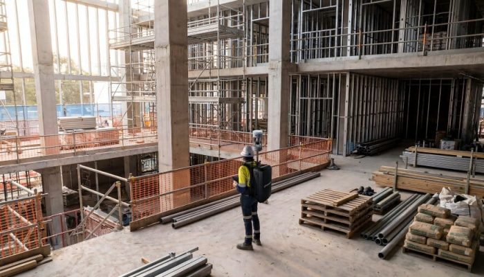 Un ouvrier du bâtiment en tenue de sécurité utilise le LiDAR Hovermap GX1 pour scanner des échafaudages, des poutres métalliques, des matériaux empilés et des structures en béton inachevées à l'intérieur d'un bâtiment à plusieurs étages partiellement construit.