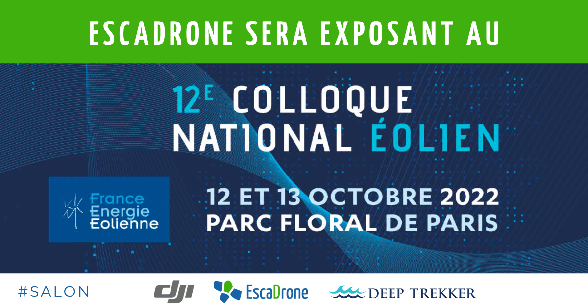 Bannière annonçant Escadrone comme exposant au 12ème Symposium National de l'Energie Eolienne, qui s'est tenu les 12 et 13 octobre 2022, au Parc Floral de Paris, avec les logos de l'événement et des partenaires affichés.