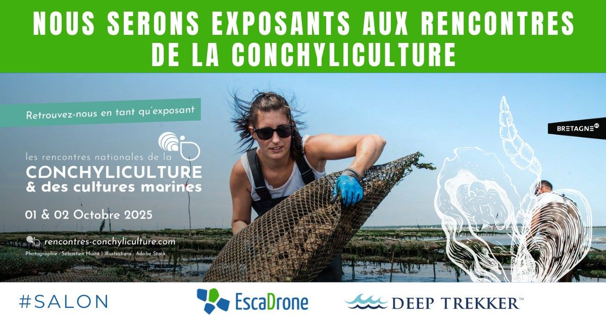 Une femme portant des gants et des lunettes de soleil tient un grand sac en filet rempli de coquillages dans une conchyliculture côtière près de Toulouse, avec le texte de l'événement des Rencontres de la Conchyliculture et les logos de l'industrie marine en surimpression.