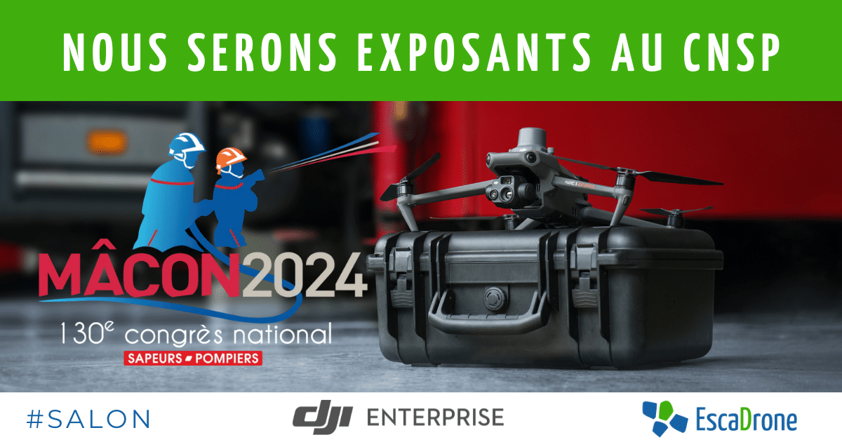 Un drone repose sur une mallette noire devant un camion de pompiers rouge ; on peut y lire « Mâcon 2024, 130e congrès national des sapeurs-pompiers », ainsi que les logos de DJI Enterprise, EscaDrone et d'autres entreprises.
