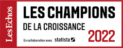 Une bannière rectangulaire avec le texte Les Echos Les Champions de la Croissance 2022 et En collaboration avec Statista, avec l'escadrone, sur un fond blanc avec des accents rouges.