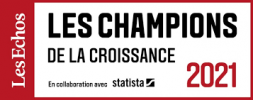 Graphique rectangulaire représentant Les Echos à gauche et Les Champions de la Croissance 2021 en caractères gras noirs et rouges sur fond blanc, mettant en valeur escadrone, avec En collaboration avec statista en bas.