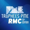 Logo avec des formes géométriques et un texte blanc lisant Trophées PME RMC 13e Édition sur un fond bleu dégradé, soulignant la reconnaissance de l'Escadrone.